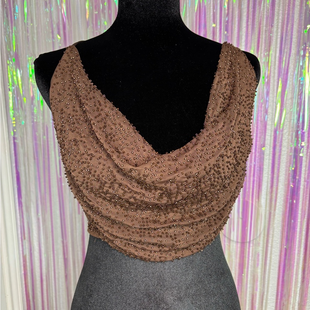 Brown Beaded Cowl Halter Crop Top, Adjustable Straps, Sz M Windsor NWT Y2K Bratz - Picture 9 of 12